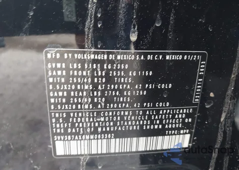 2021 Volkswagen Tiguan 2.0T Se/2.0T Se R-Line Black/2.0T Sel z USA, uszkodzony, nr VIN 3VV3B7AX6MM063362